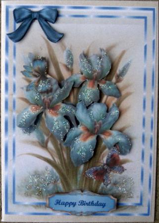 Lovely Blue Irises and Butterflys by Wynona Oneil
