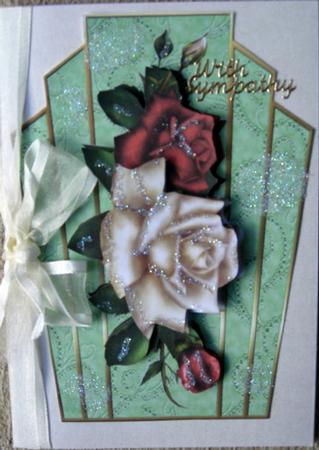 Red/cream Roses on Art Deco Topper by Wynona Oneil