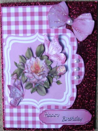 Pink Roses on Gingham Topper with Butterflies & Card by Wynona Oneil