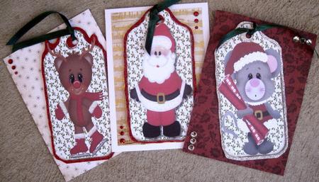 Three Christmas Tags, Santa, Mouse and Reindeer by Wynona Oneil