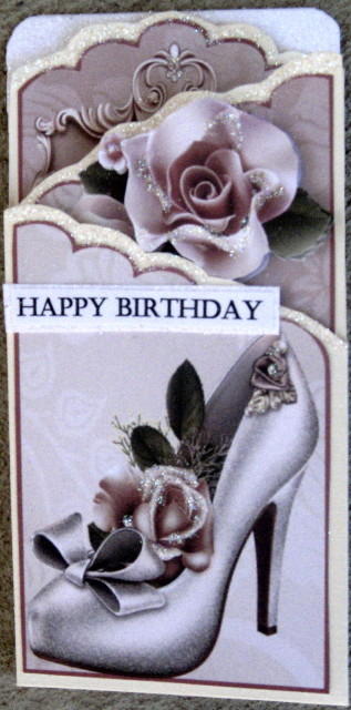 Pretty Shoe with Peach Roses Cascading Crd by Wynona Oneil