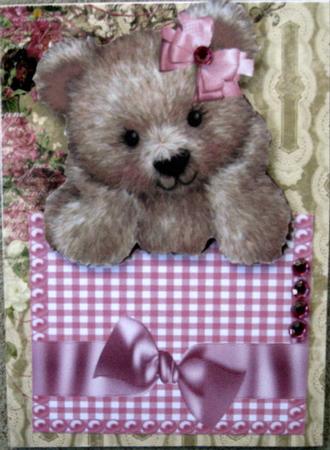 Fuzzy Bear with Pink Bow Over the Edge Card by Wynona Oneil
