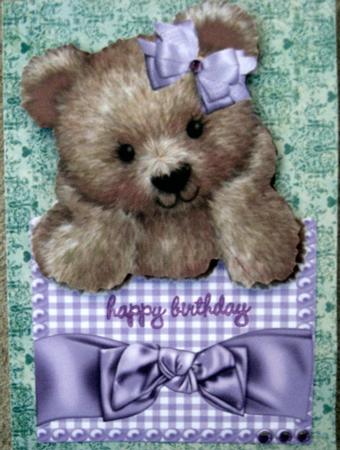 Fuzzy Bear with Purple Bow Over the Edge Card by Wynona Oneil