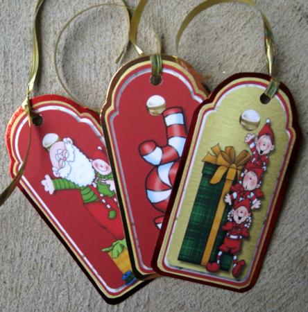 Three Christmas Tags Santa and the Elves by Wynona Oneil