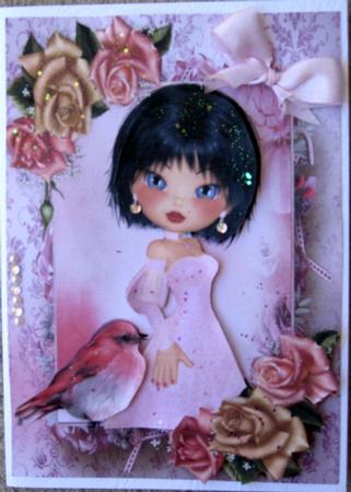 Pretty Lady in Her Pink Dress with Roses & Little Bird by Wynona Oneil