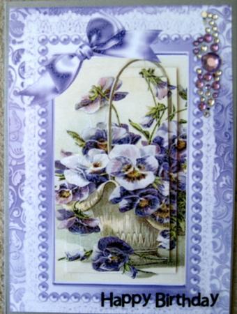 Purple Pansies in a Basket, with Lilac Bow, and Lace Pyramid by Wynona Oneil
