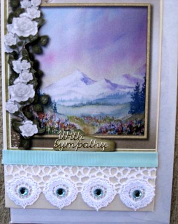Beautiful Alpine Scene and White Roses  by Wynona Oneil