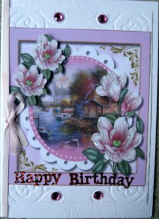 Beautiful Cerises Magnolias with a Water Scene  by Wynona Oneil