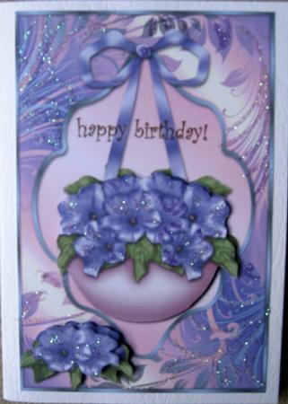 Hanging Basket of Flowers Lilac Card Front by Wynona Oneil