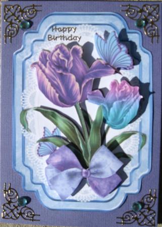 Pretty Lilac and Blue Painted Tulips on Lace Bracket by Wynona Oneil