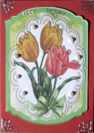 Pretty Painted Yellow and Red Tulips on Lace with Bow by Wynona Oneil