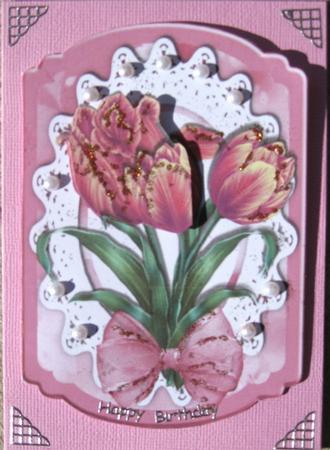 Rose Pink Painted Tulips on Lace with Organza Bow by Wynona Oneil