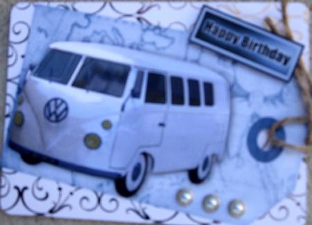 White Volkswagen Camper Van on a Map with Vintage Tag by Wynona Oneil