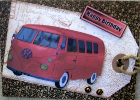 Red Volkswagen Camper Van on Vintage Tag by Wynona Oneil