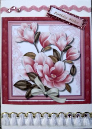Lovely Hot Pink Magnolias on Lace  by Wynona Oneil