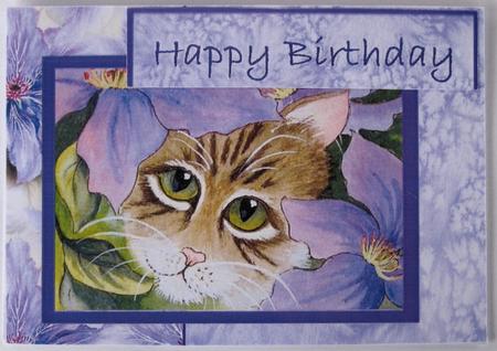 Cat and Clematis Watercolour Card by Wynona Oneil