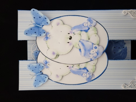 Cute little blue teddy for baby boy pop out card by Yana Pritchard