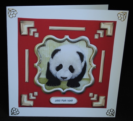 Red & Gold Chinese Giant Panda 7.5 x 7.5 Card Topper With Decoupage & Greetings Tags by Yvonne Middleton