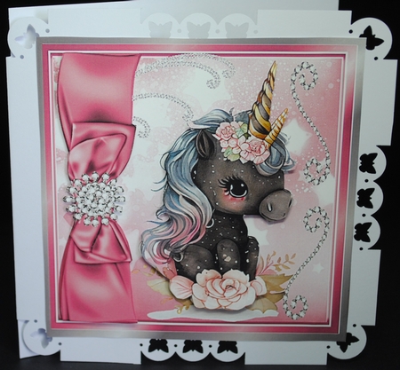 Lovely Black Unicorn with Pink Roses and Bow 8x8 by Yvonne Middleton