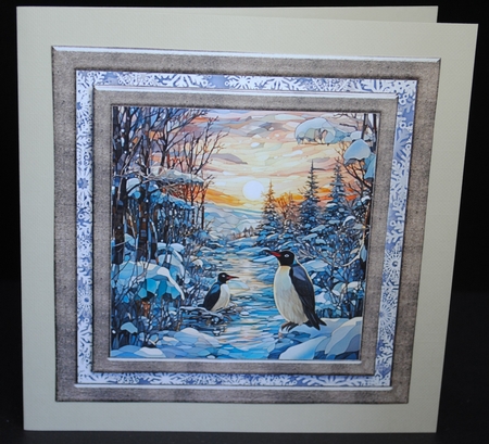 Stained glass Christmas penguins card front 4 by Yvonne Middleton