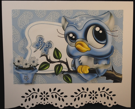 Cute Blue Owl on a Branch A4 by Yvonne Middleton