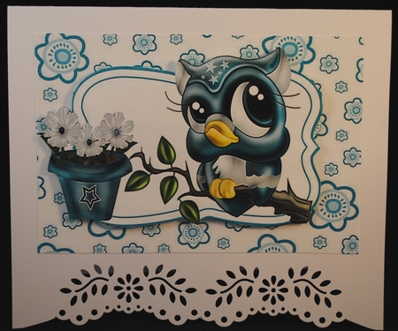 Cute Owl in Turq on a Branch in Floral Frame A4 by Yvonne Middleton