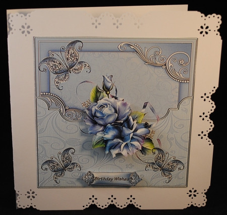  Blue iced rose 7x7 card with decoupage by Yvonne Middleton