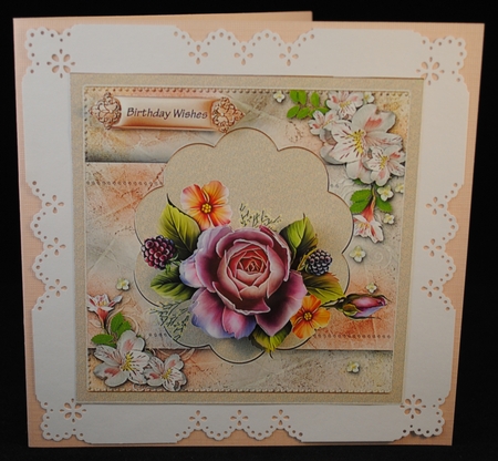 A perfect rose 7x7 card with decoupage and sentiment tags by Yvonne Middleton