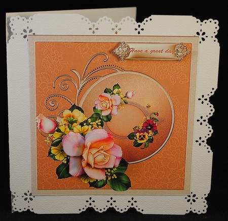 Pink rose 7x7 card with decoupage and sentiment tags and insert by Yvonne Middleton