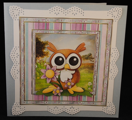 Summer owl 7x7 card with topper and sentiment tags by Yvonne Middleton