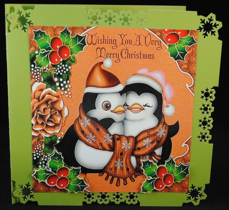 Wishing you a very merry christmas cute penguins  in orange with holly 8x8 by Yvonne Middleton