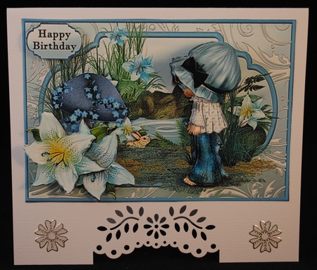 Blue Girl Finds Bunny Large Card Front by Yvonne Middleton