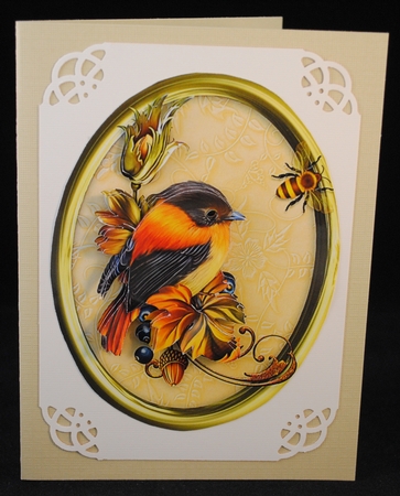 Bird, Bee, Nuts, Berries & Acorns - 7 x 5 Oval Decoupage Card Topper by Yvonne Middleton