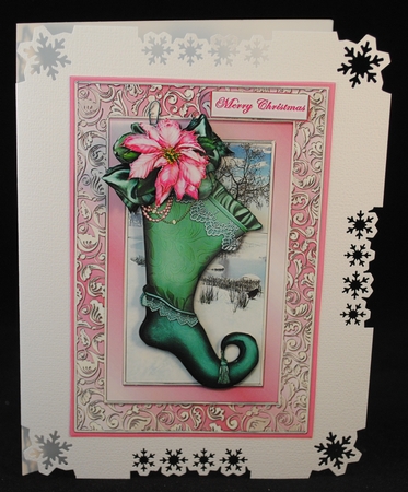 Christmas Stocking And Poinsettia Card Front by Yvonne Middleton
