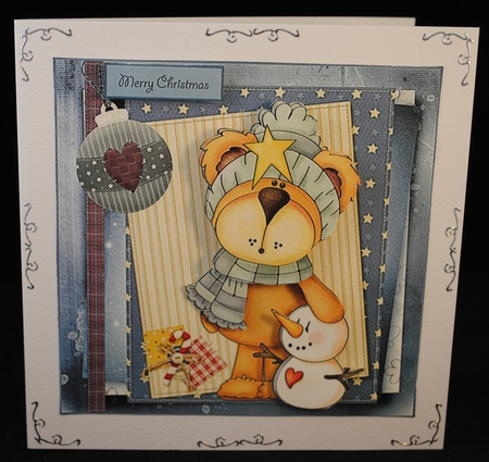 Cosy bear and snowman 7x7 card with decoupage by Yvonne Middleton