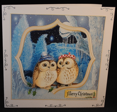 Christmas owls 7x7 card with decoupage by Yvonne Middleton