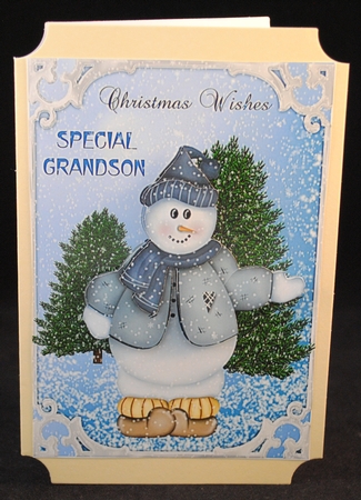 Christmas card for Grandson with snowman decoupage by Yvonne Middleton