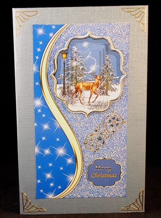 Stag in a winter forest on blue glittery DL card. by Yvonne Middleton
