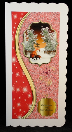 Fox in the snow on a red glittery DL card. by Yvonne Middleton