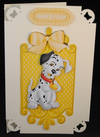 lovely black and white spotty dalmation with gold bow card front and insert by Yvonne Middleton
