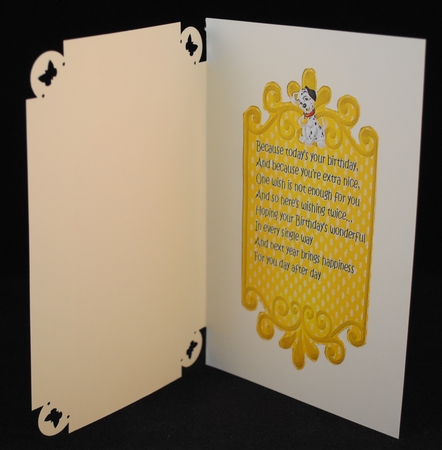 lovely black and white spotty dalmation with gold bow card front and insert by Yvonne Middleton