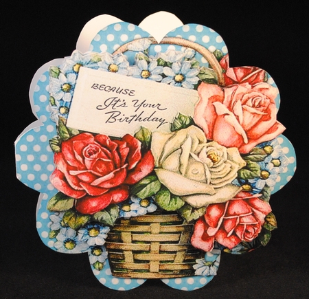 Shaped card Vintage basket Roses in Blue by Yvonne Middleton
