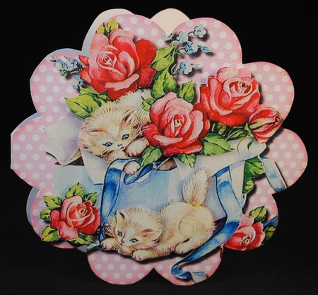 Flower Shaped card Vintage Roses & Kittens by Yvonne Middleton