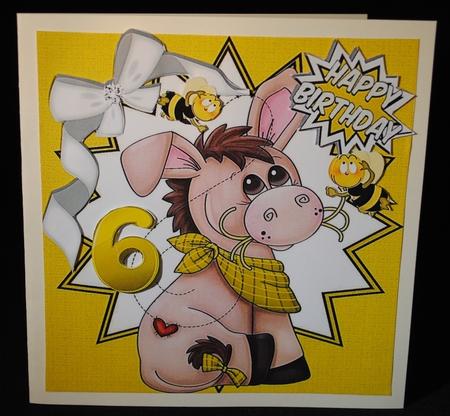 Cute little donkey with bumble bees in gold funky star frame 8x8 by Yvonne Middleton