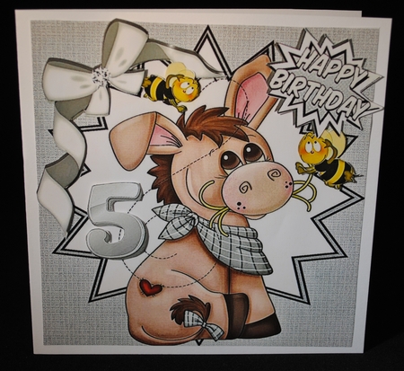 Cute little donkey with bumble bees in silver funky star frame 8x8 by Yvonne Middleton