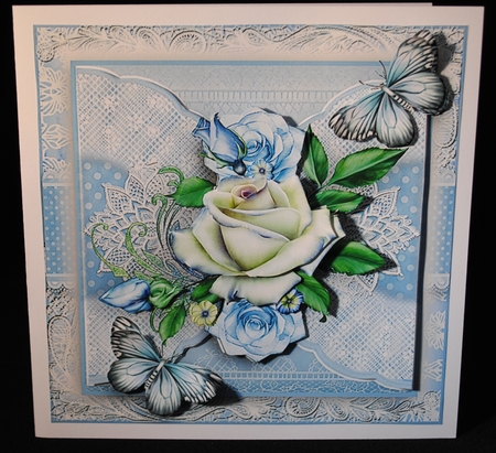 Chantilly Blue and white Rose Card Front Kit by Yvonne Middleton