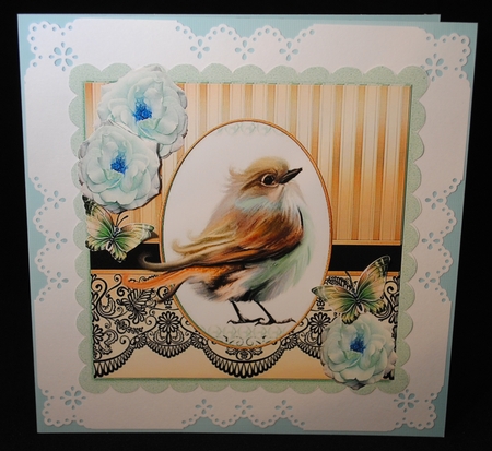 pretty brown bird with turq roses and butterflies with black lace 8x8 by Yvonne Middleton