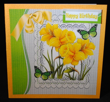 pretty yellow daffodils with butterflies and bow 8x8 by Yvonne Middleton