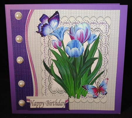 Pearls, butterflies & lace with lilac/pink tulips 8x8 by Yvonne Middleton