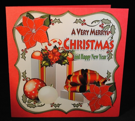Christmas presents with baubles & poinsettias in holly frame 8x8 by Yvonne Middleton